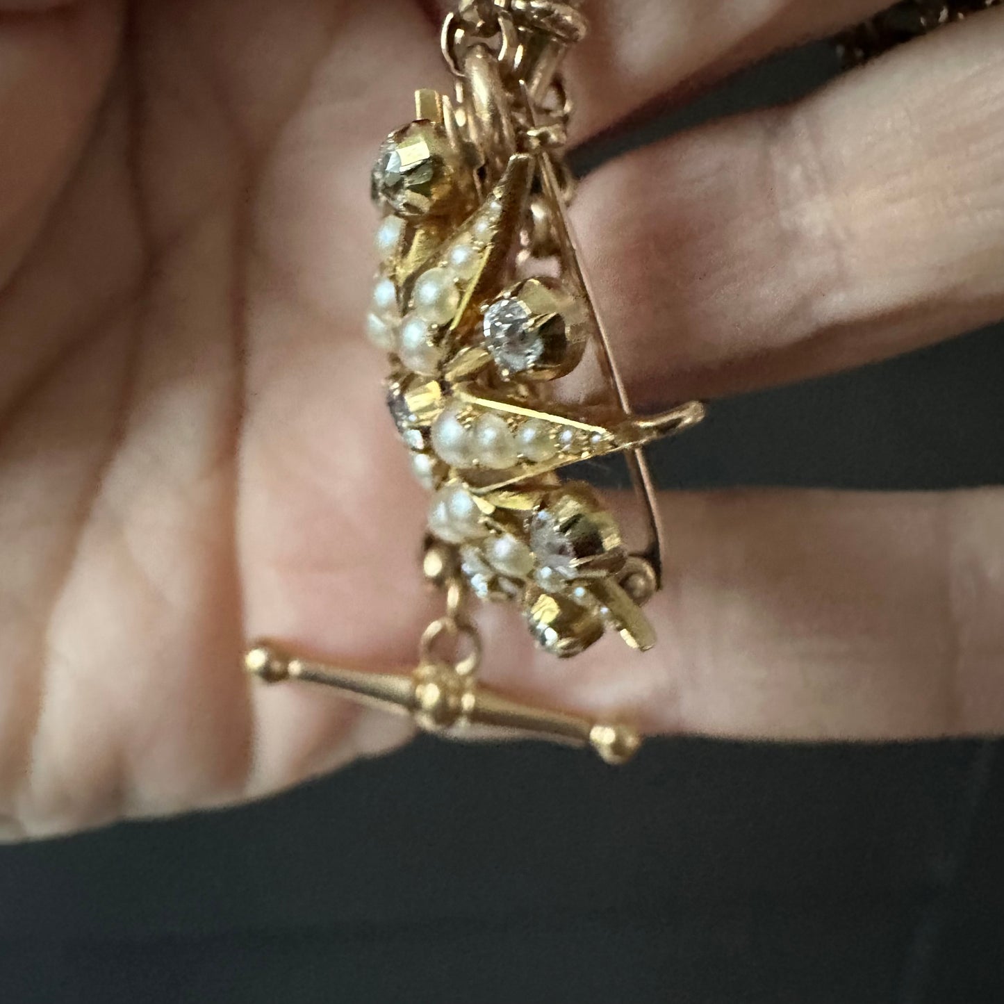 Antique Victorian Starburst Pendant Brooch | 15ct Gold with Natural Seed Pearls & Old Mine-Cut Diamonds | (2.5 cttw) with goose neck bale. Convertible Brooch & Pendant Circa 1880s