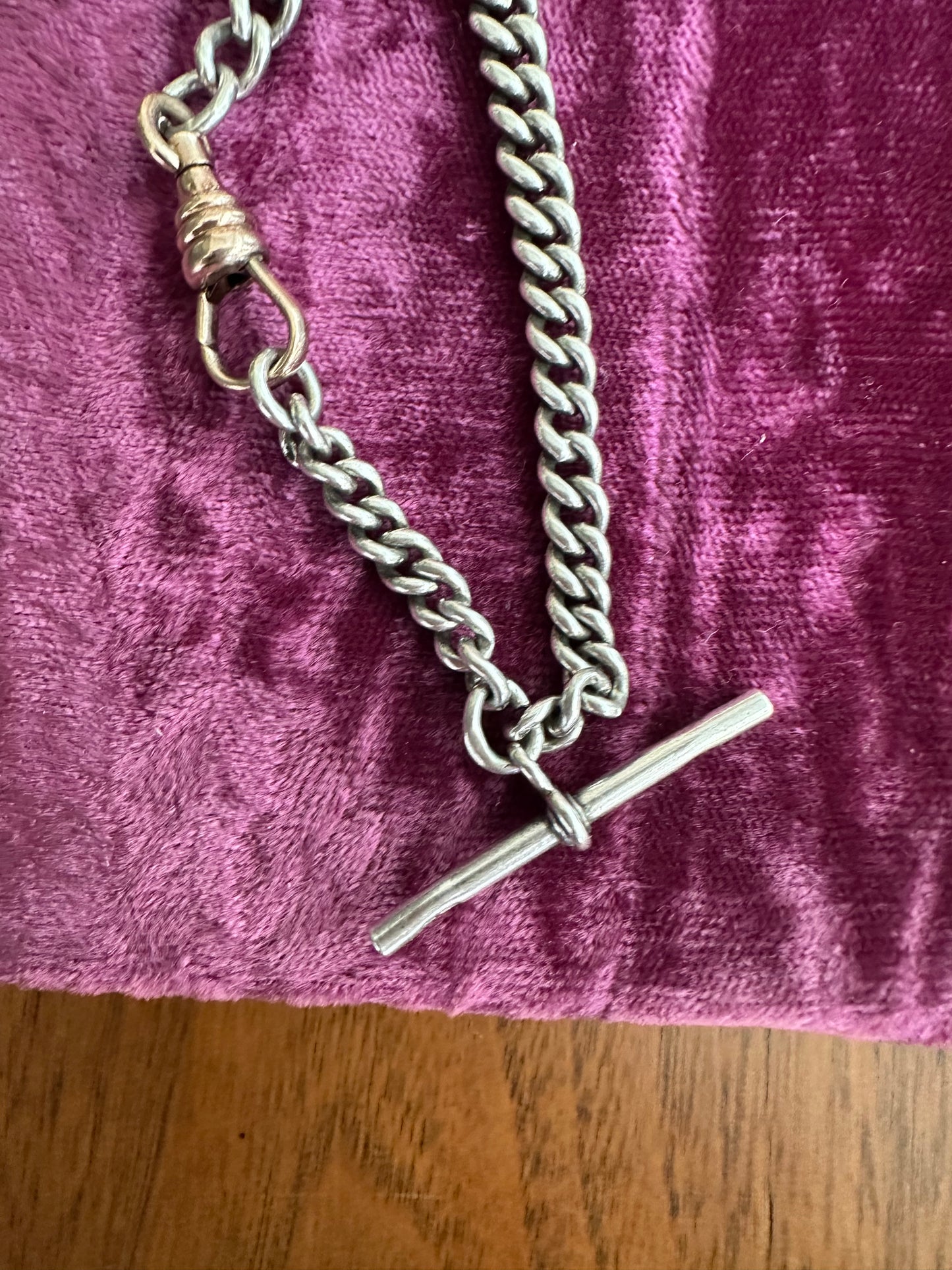 Antique Sterling chubby Albert watch chain with rosey  bolt clasp and dog clip