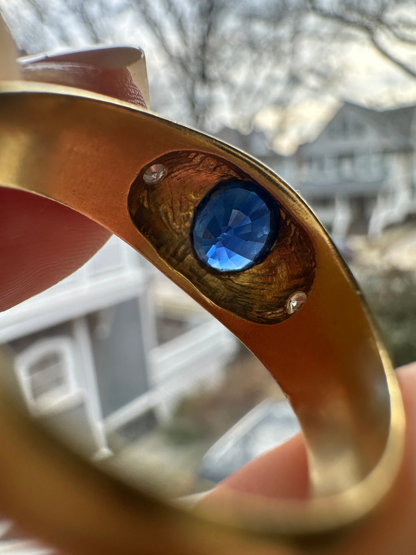 Vintage 18k flush mount gypsy style natural sapphire and diamond ring