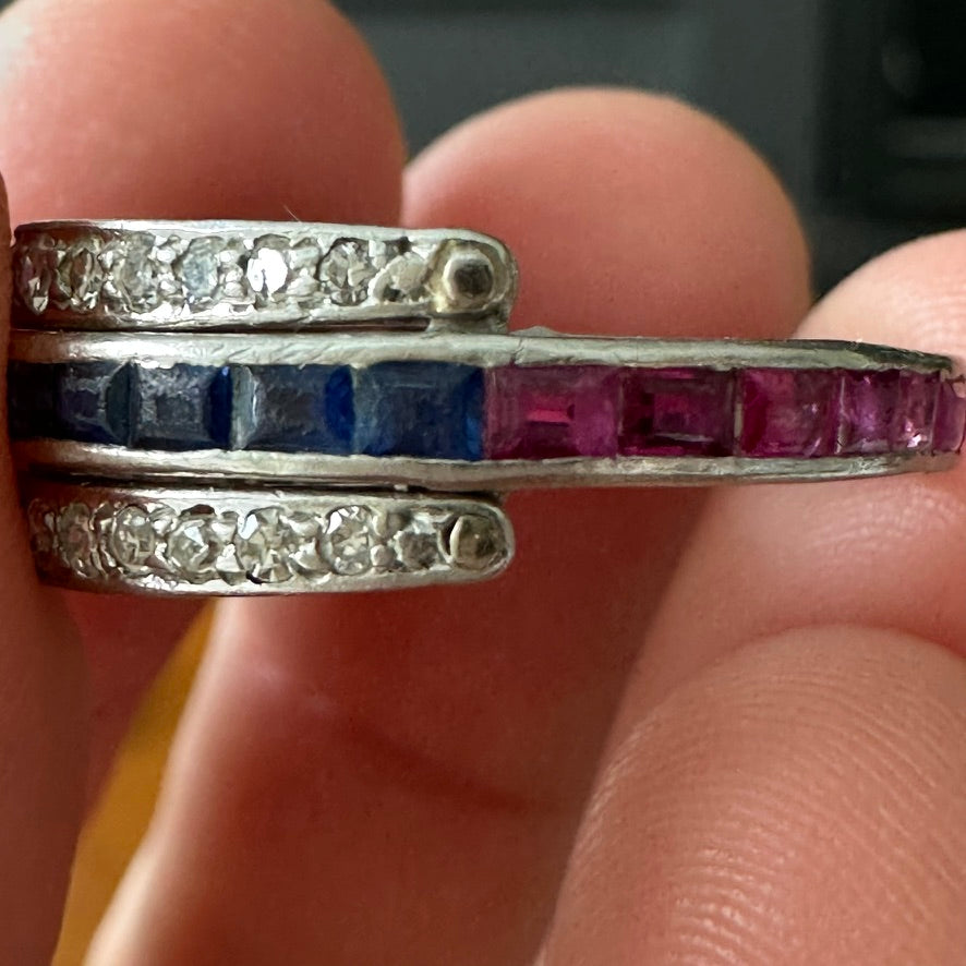 2. Art Deco Platinum Bypass Ring | Size 9 | Diamond, Sapphire & Ruby Calibre-Cut Band | Vintage Cocktail Ring