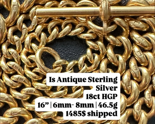 Antique 18k hgp over antique sterling silver curb Albert Watch chain