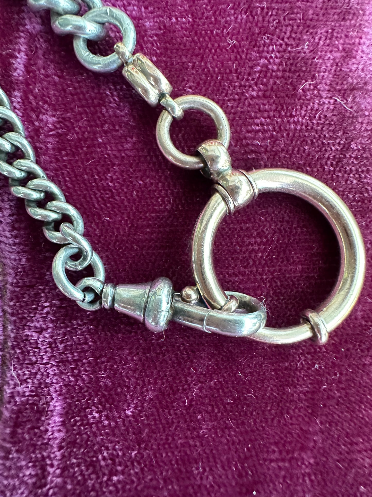 Antique Sterling chubby Albert watch chain with rosey  bolt clasp and dog clip