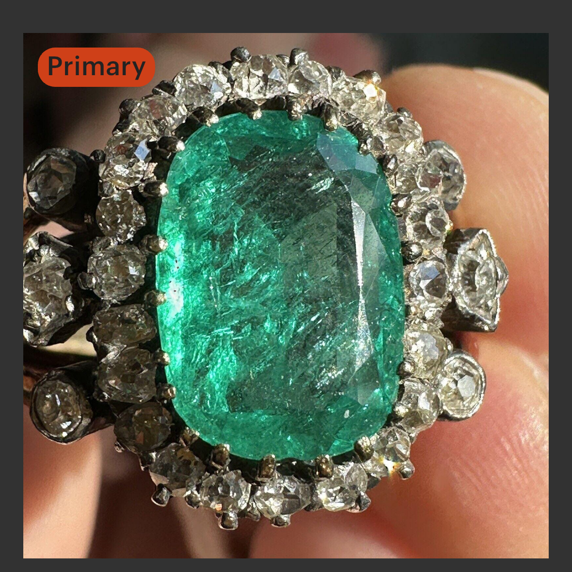 An Antique  SILVER-TOPPED 14K GOLD, EMERALD AND DIAMOND RING