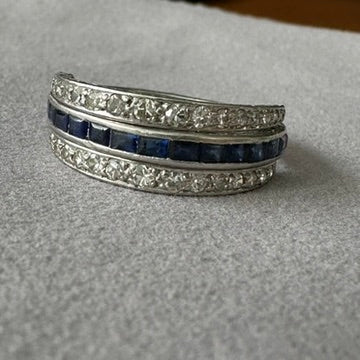 2. Art Deco Platinum Bypass Ring | Size 9 | Diamond, Sapphire & Ruby Calibre-Cut Band | Vintage Cocktail Ring