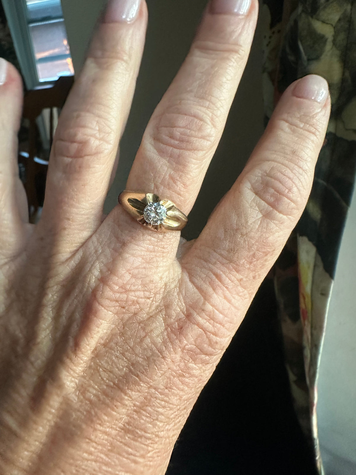 Belcher set old transitional cut diamond ring .75 ct