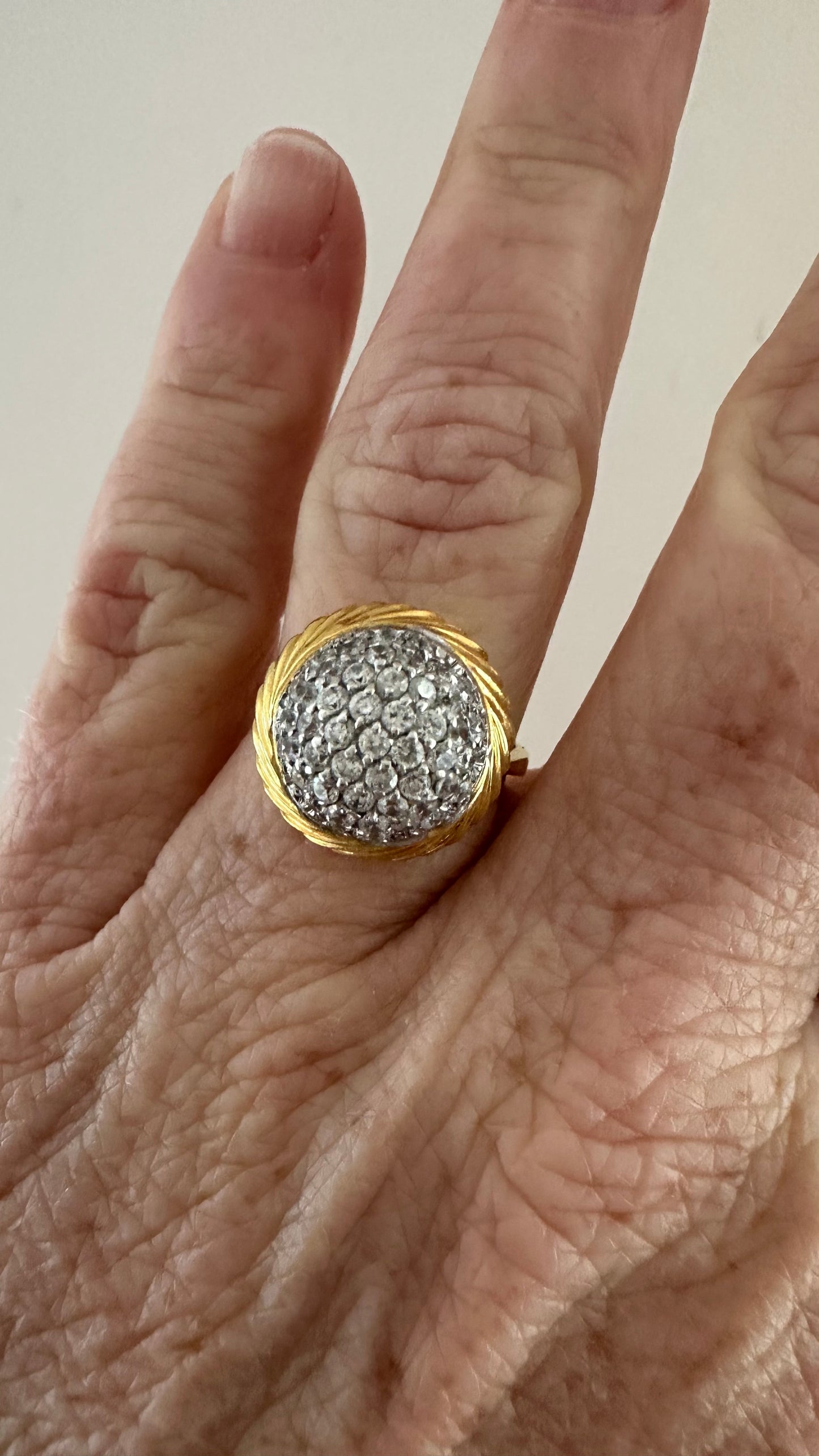 Vintage Italian 18K Gold Diamond Bombé Ring | Two-Tone Pavé Dome Statement Ring