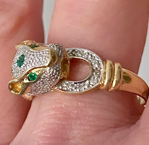 14k diamond and emerald panther ring