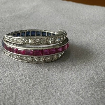 2. Art Deco Platinum Bypass Ring | Size 9 | Diamond, Sapphire & Ruby Calibre-Cut Band | Vintage Cocktail Ring
