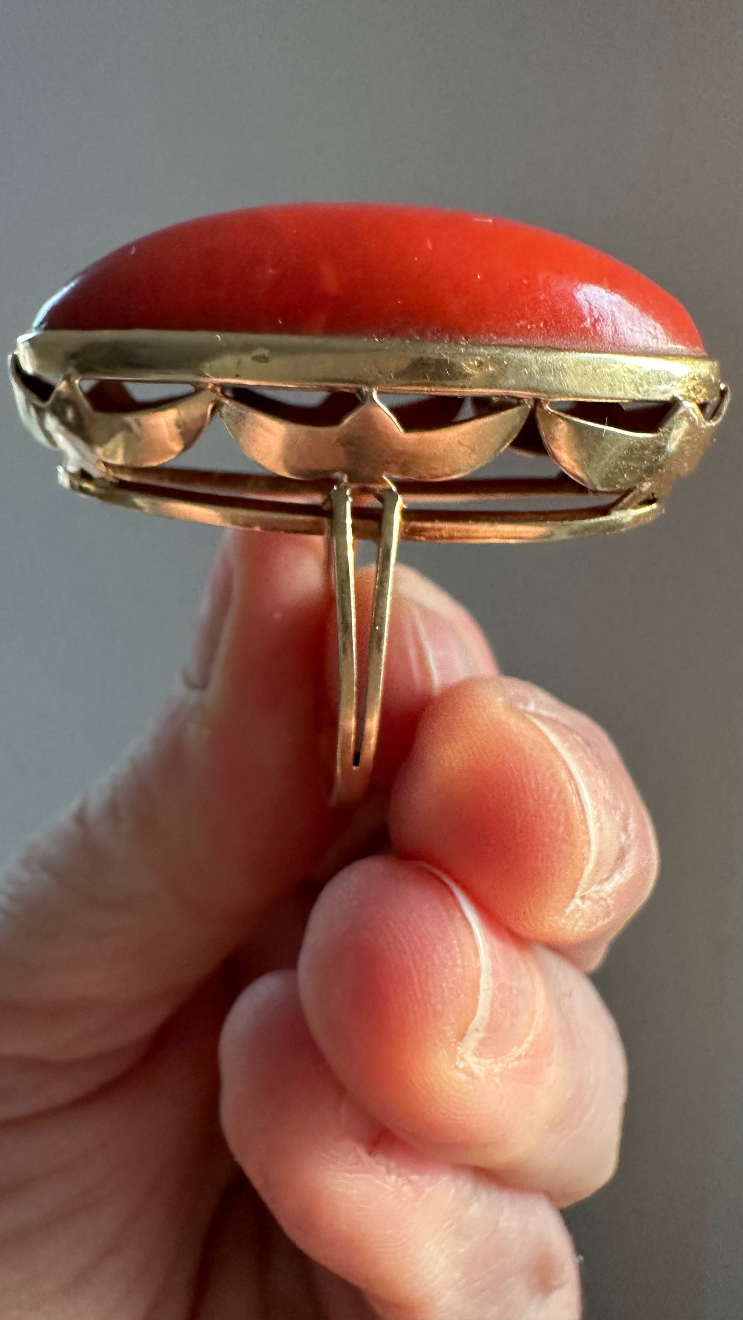 Large Natural Coral Statement Ring | Bold Oval Cabochon | Size 9.25