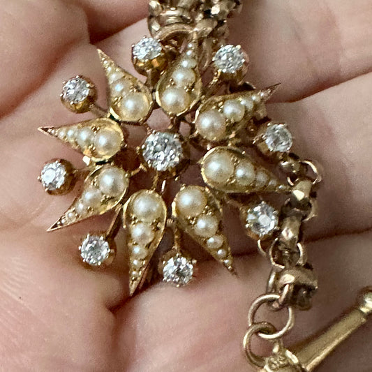 Antique Victorian Starburst Pendant Brooch | 15ct Gold with Natural Seed Pearls & Old Mine-Cut Diamonds | (2.5 cttw) with goose neck bale. Convertible Brooch & Pendant Circa 1880s