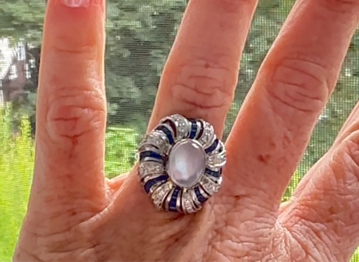 Art Deco Platnium Moonstone Diamond And Sapphire Ring
