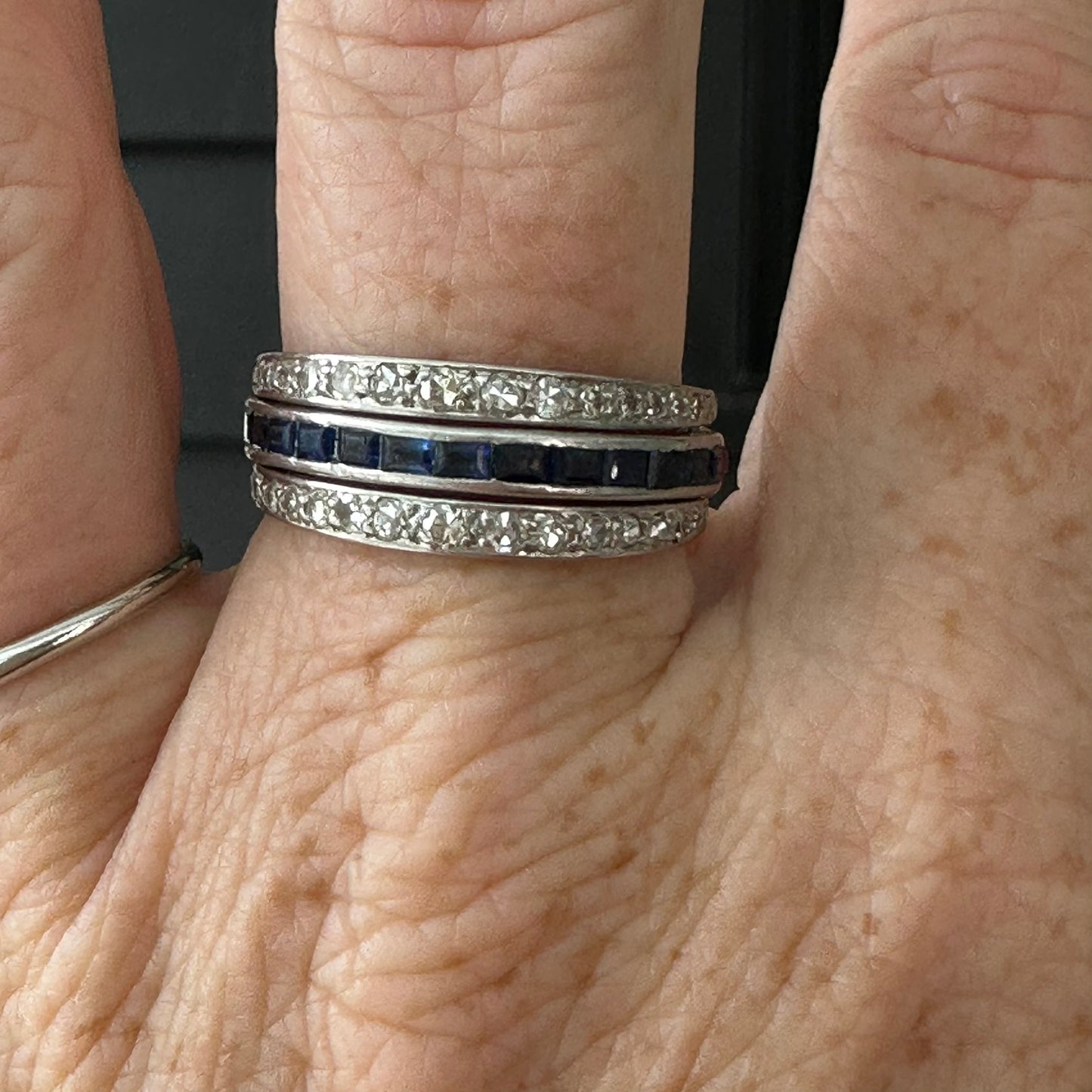 2. Art Deco Platinum Bypass Ring | Size 9 | Diamond, Sapphire & Ruby Calibre-Cut Band | Vintage Cocktail Ring