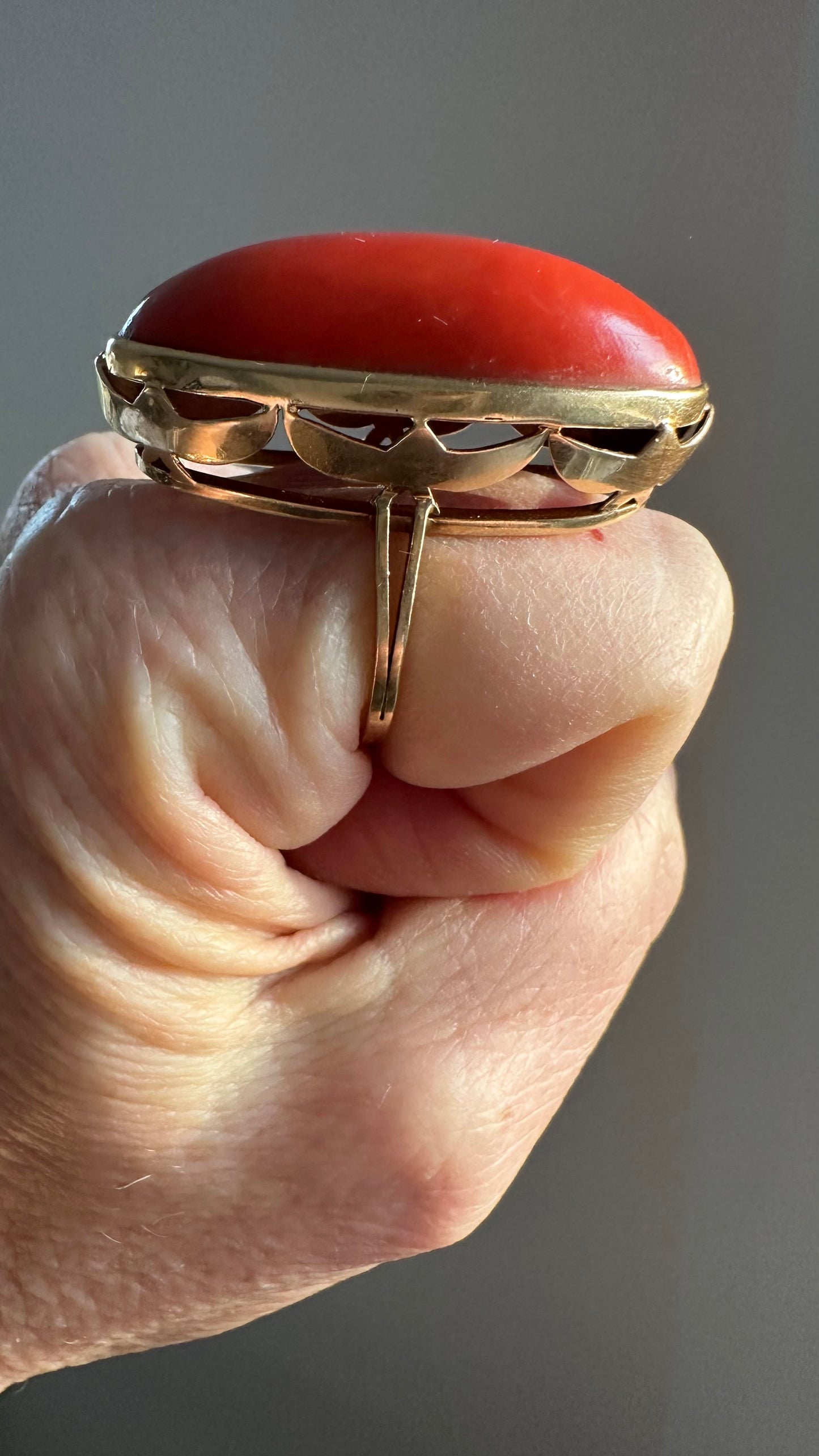 Large Natural Coral Statement Ring | Bold Oval Cabochon | Size 9.25
