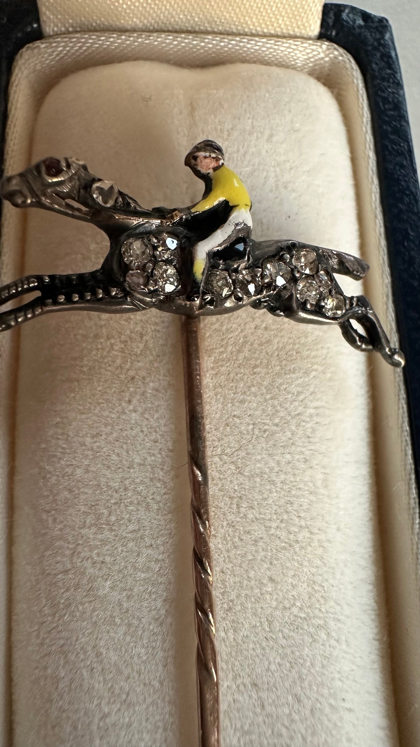 Antique English Diamond Horse & Enamel Jockey Stick Pin | Sterling Silver & 14k & 9K Gold, c.1900
