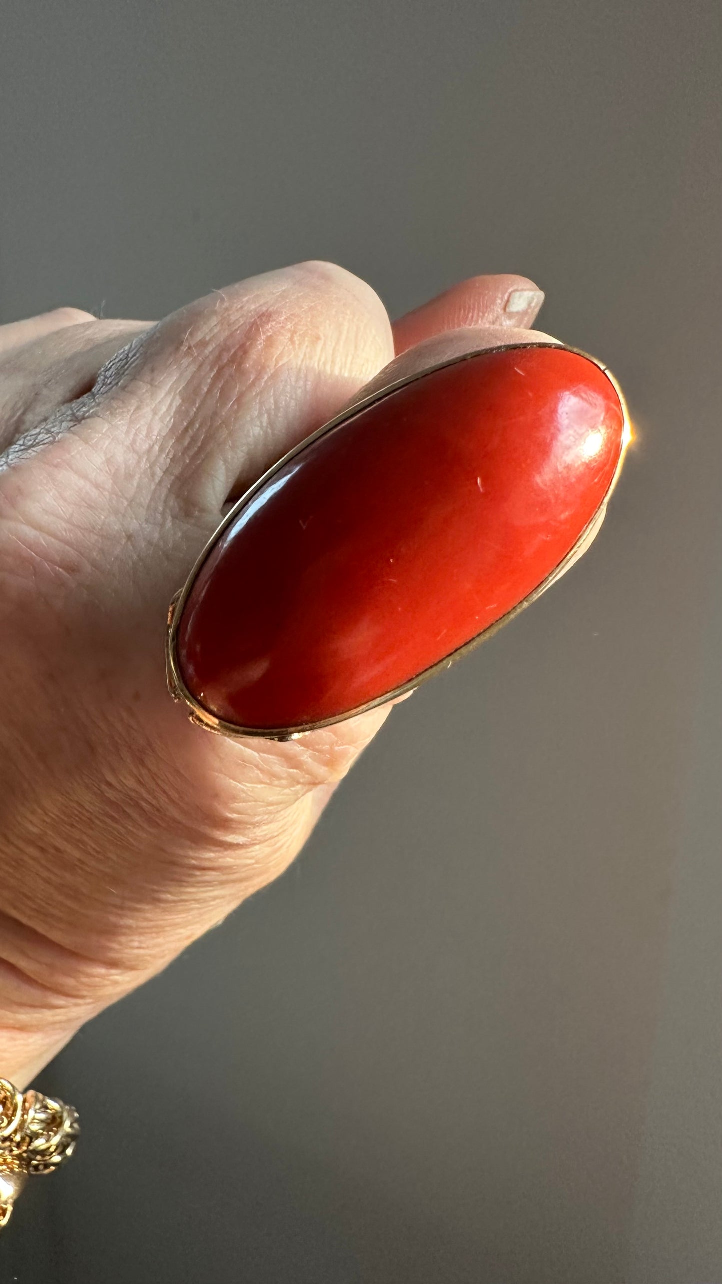 Large Natural Coral Statement Ring | Bold Oval Cabochon | Size 9.25