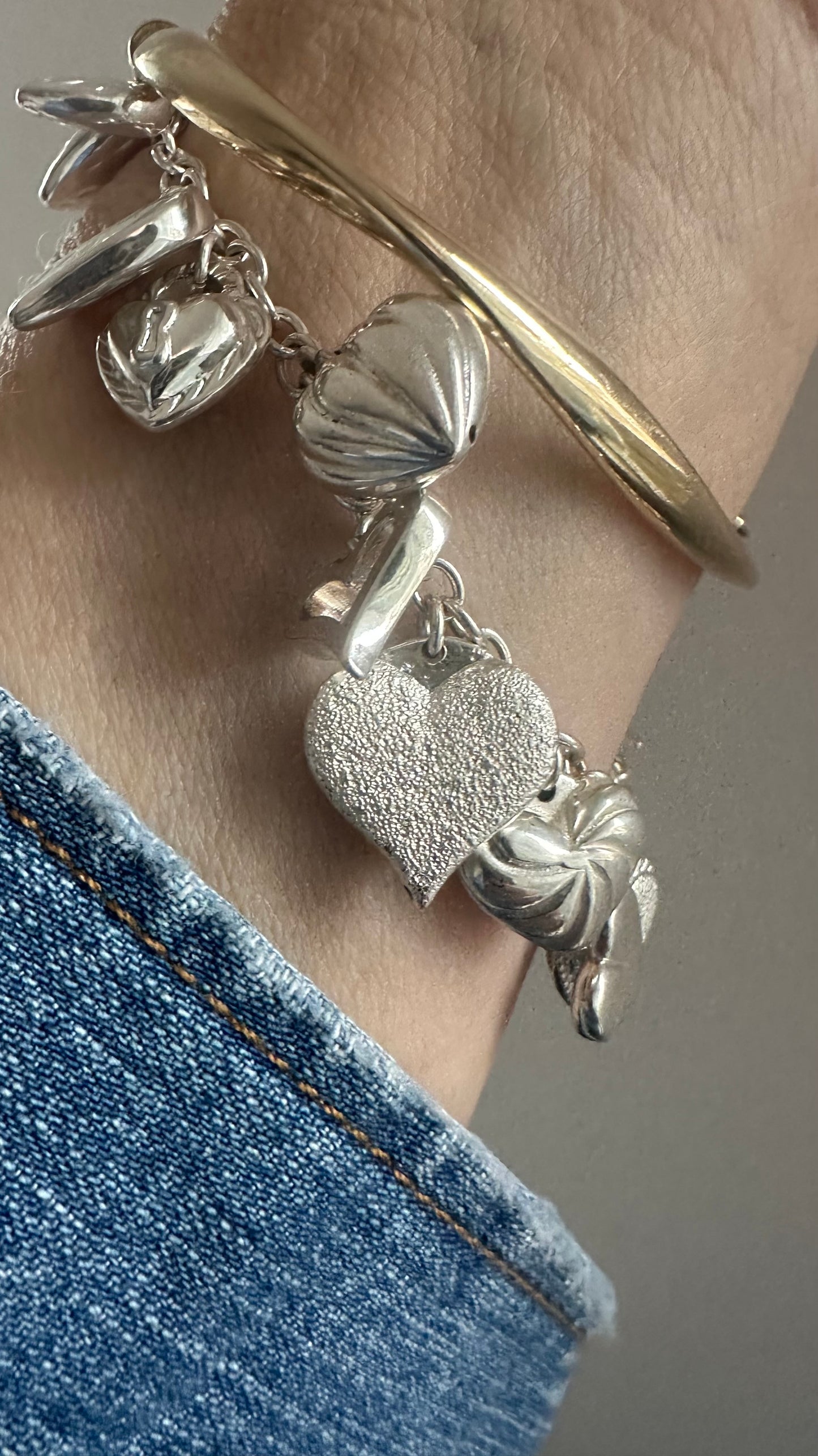 Vintage Sterling puffed hearts charm bracelet