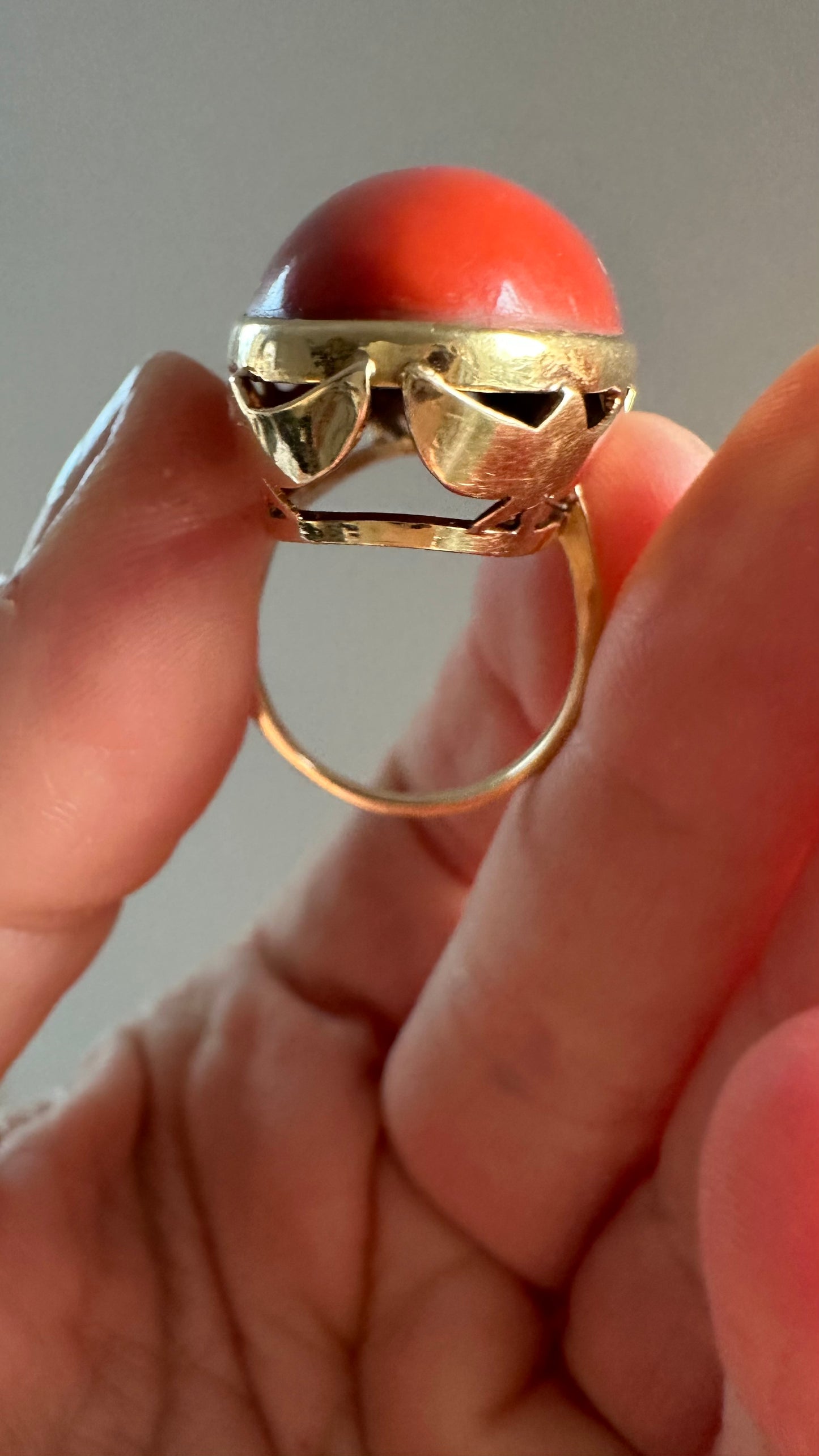 Large Natural Coral Statement Ring | Bold Oval Cabochon | Size 9.25