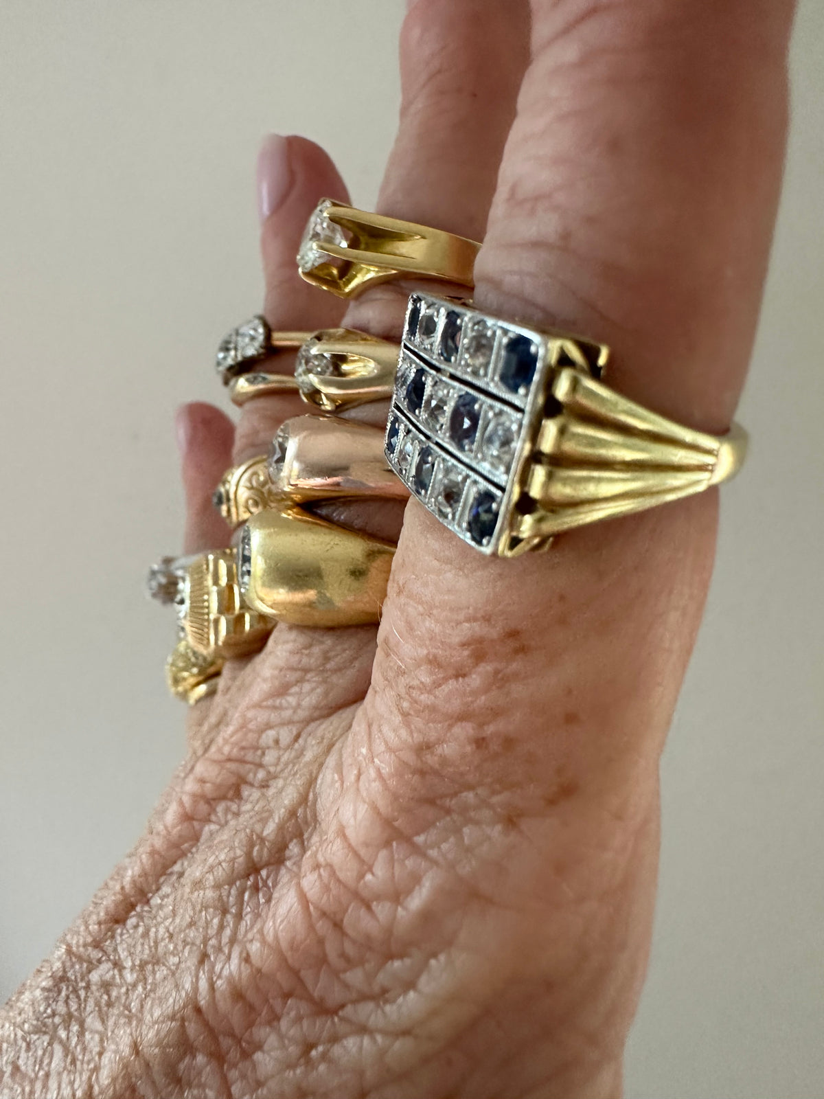 French 14k diamond and sapphire old mine tank like plaque ring