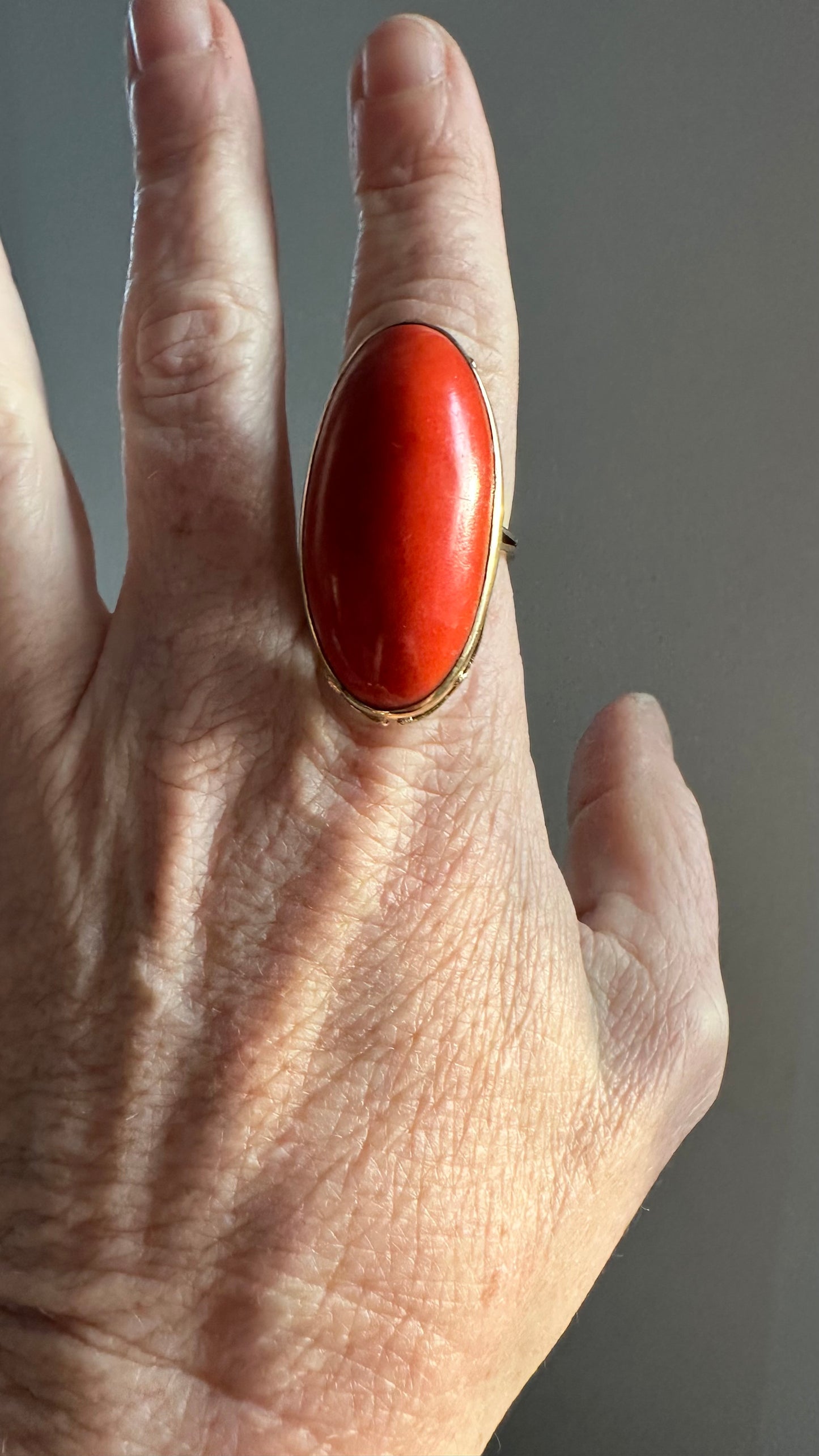 Large Natural Coral Statement Ring | Bold Oval Cabochon | Size 9.25