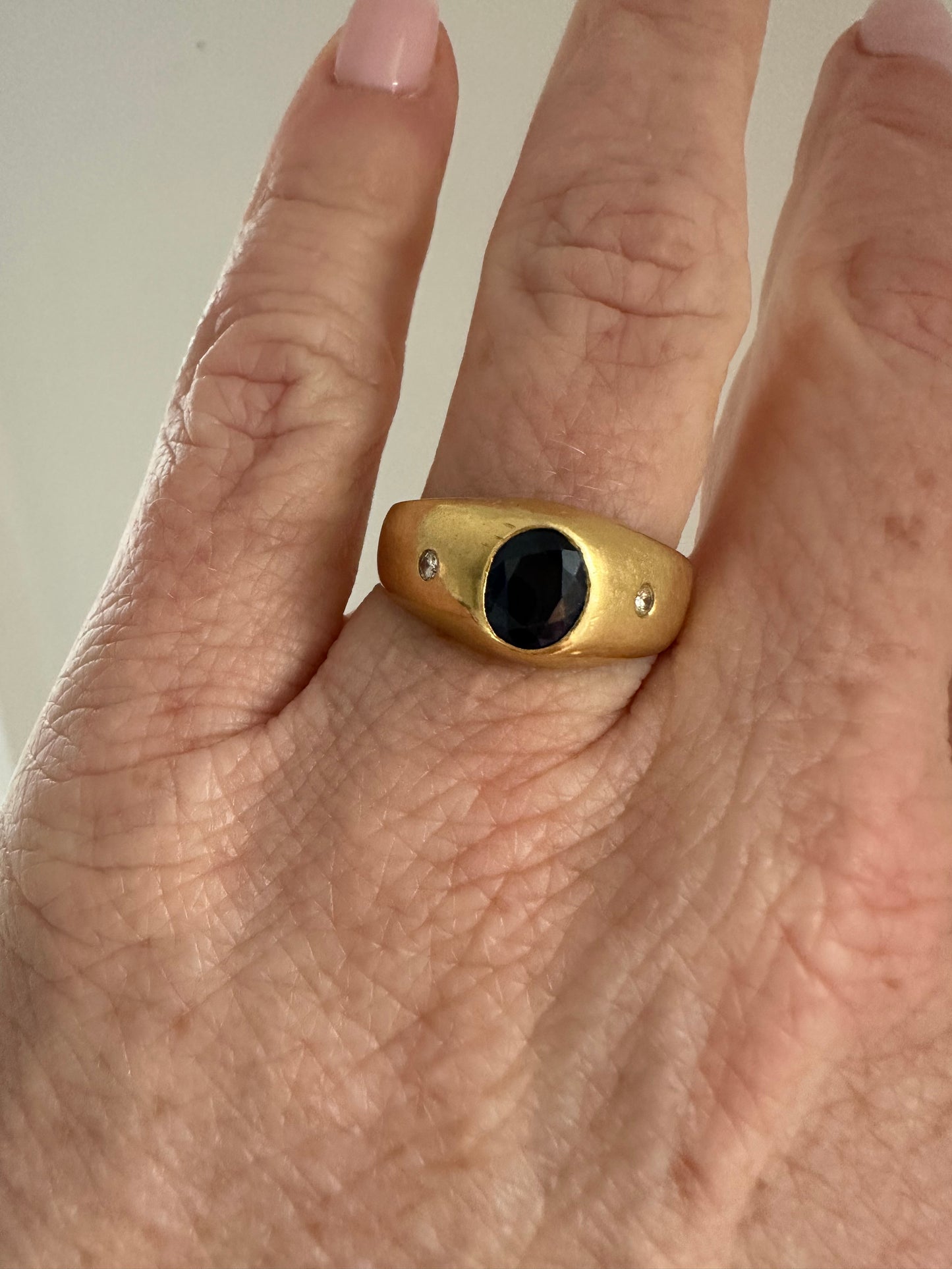 Vintage 18k flush mount gypsy style natural sapphire and diamond ring
