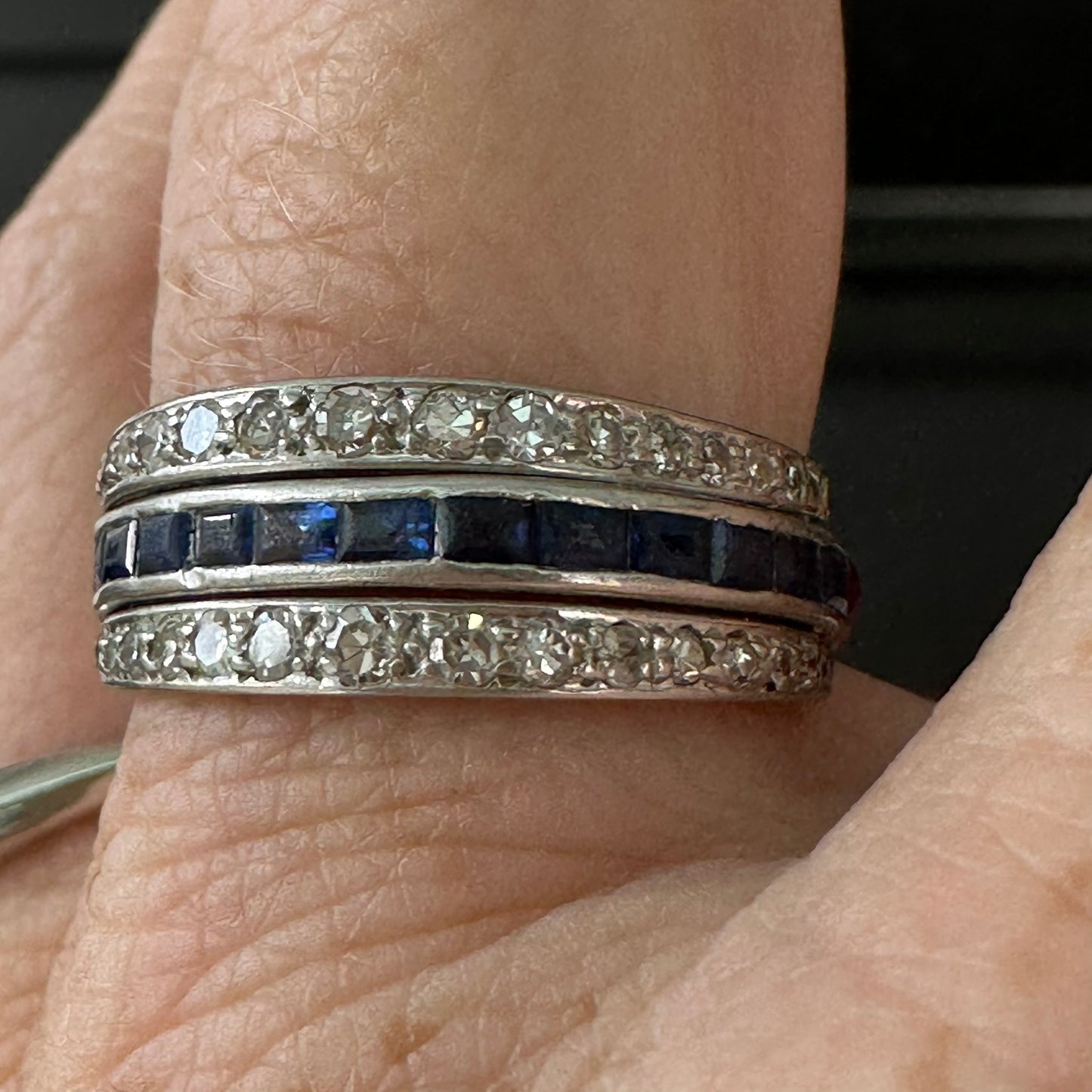 2. Art Deco Platinum Bypass Ring | Size 9 | Diamond, Sapphire & Ruby Calibre-Cut Band | Vintage Cocktail Ring