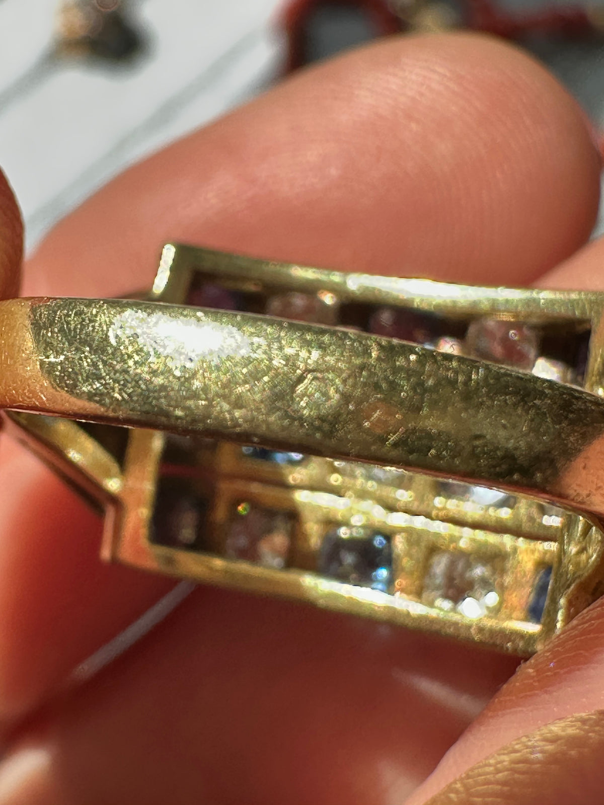 French 14k diamond and sapphire old mine tank like plaque ring