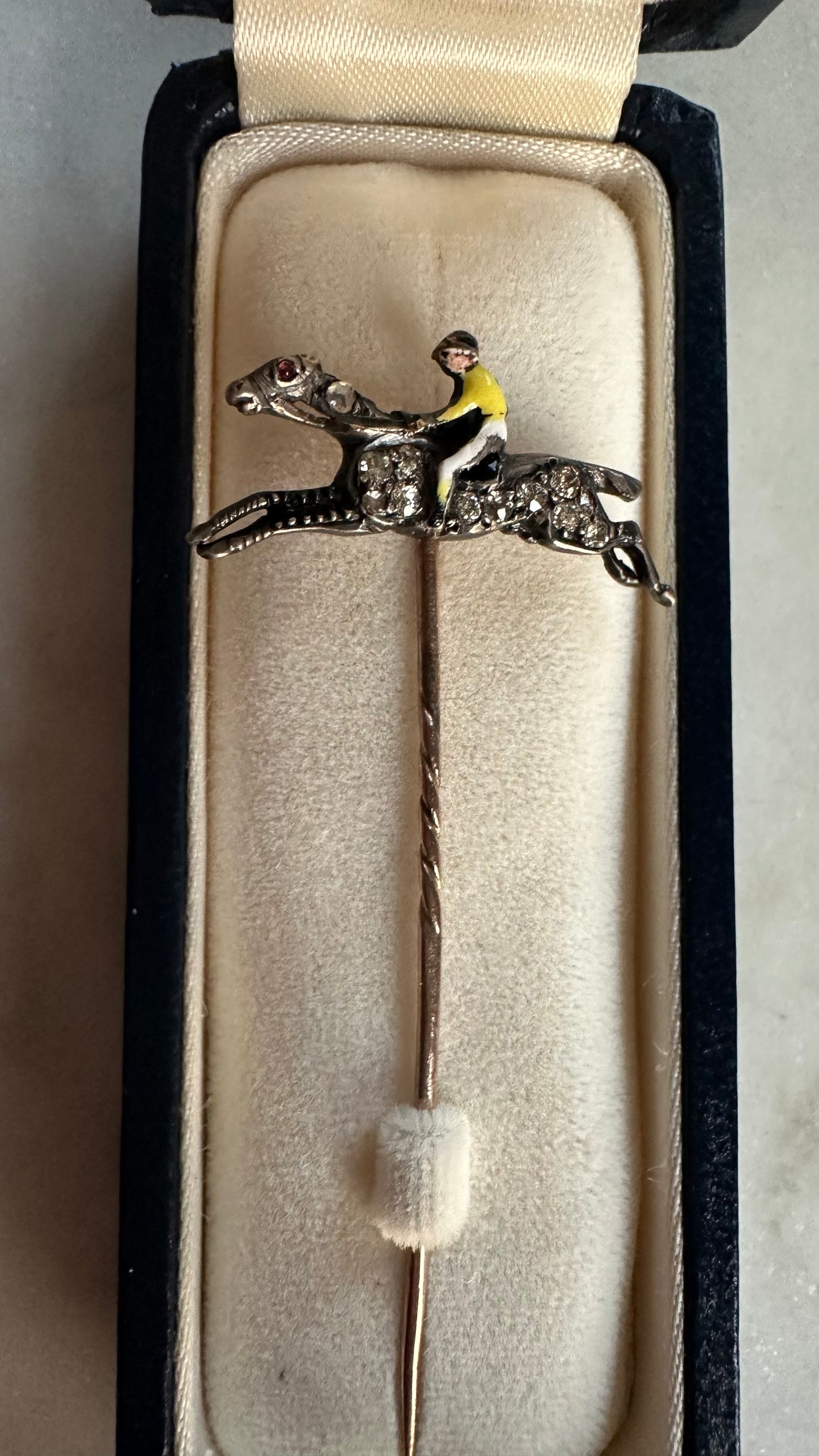 Antique English Diamond Horse & Enamel Jockey Stick Pin | Sterling Silver & 14k & 9K Gold, c.1900