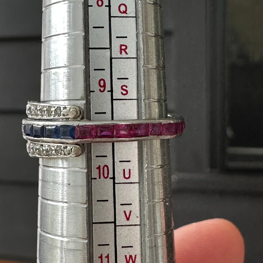 2. Art Deco Platinum Bypass Ring | Size 9 | Diamond, Sapphire & Ruby Calibre-Cut Band | Vintage Cocktail Ring