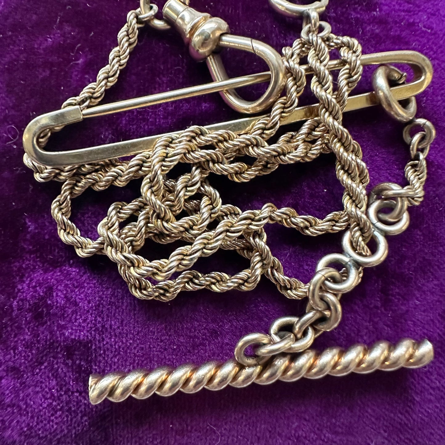 Victorian 10k rose gold watch chain w/dog clip & Albert bar - Simmons sold with 2 inch added plain 10k Victorian bar pin -18”