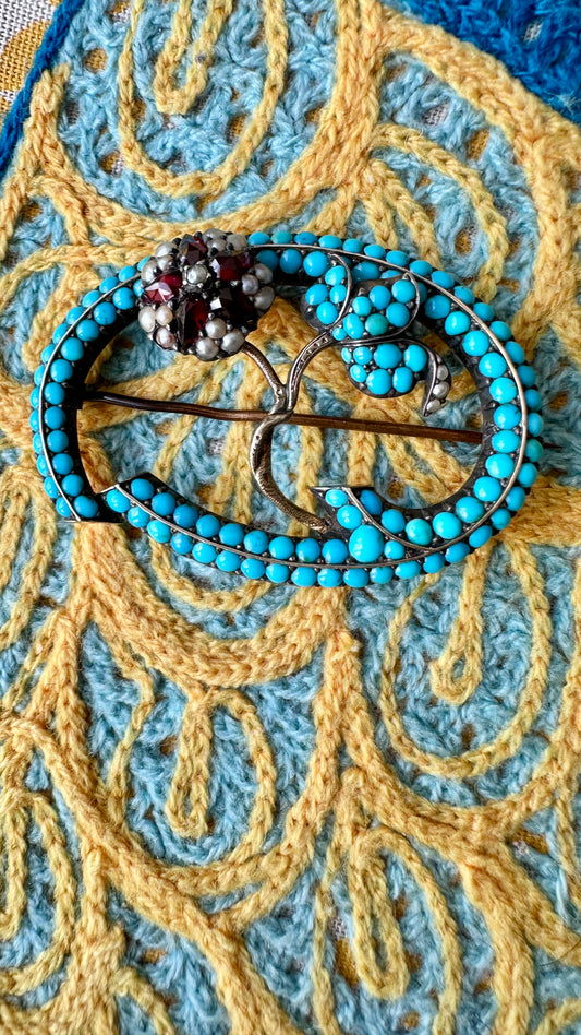 Victorian Gold  Turquoise /Garnet /Pearl Brooch-