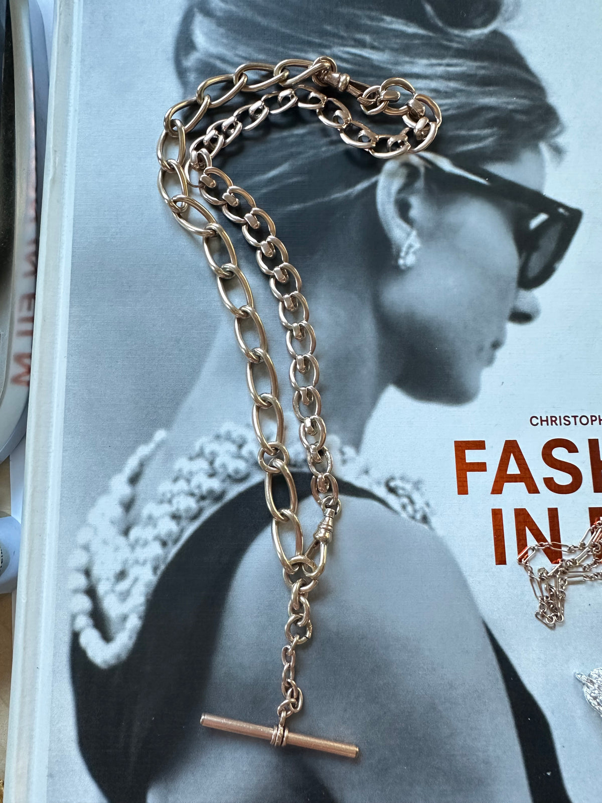Antique open curb and fancy 9k gold watchchain 19”necklace with T bar and two swivel dog clips 44.5