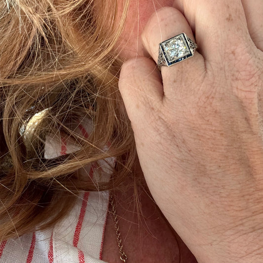 Art Deco 1.86 ct  Old Mine Brillant Cut Diamond & Sapphire Ring GIA