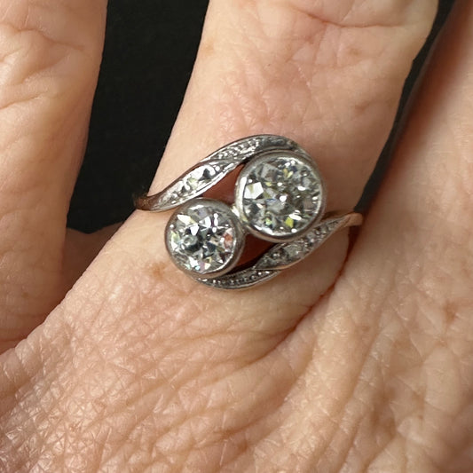 Edwardian “Toi et Moi” Diamond Ring — Platinum over Gold, c. 1910 — Size 7.5