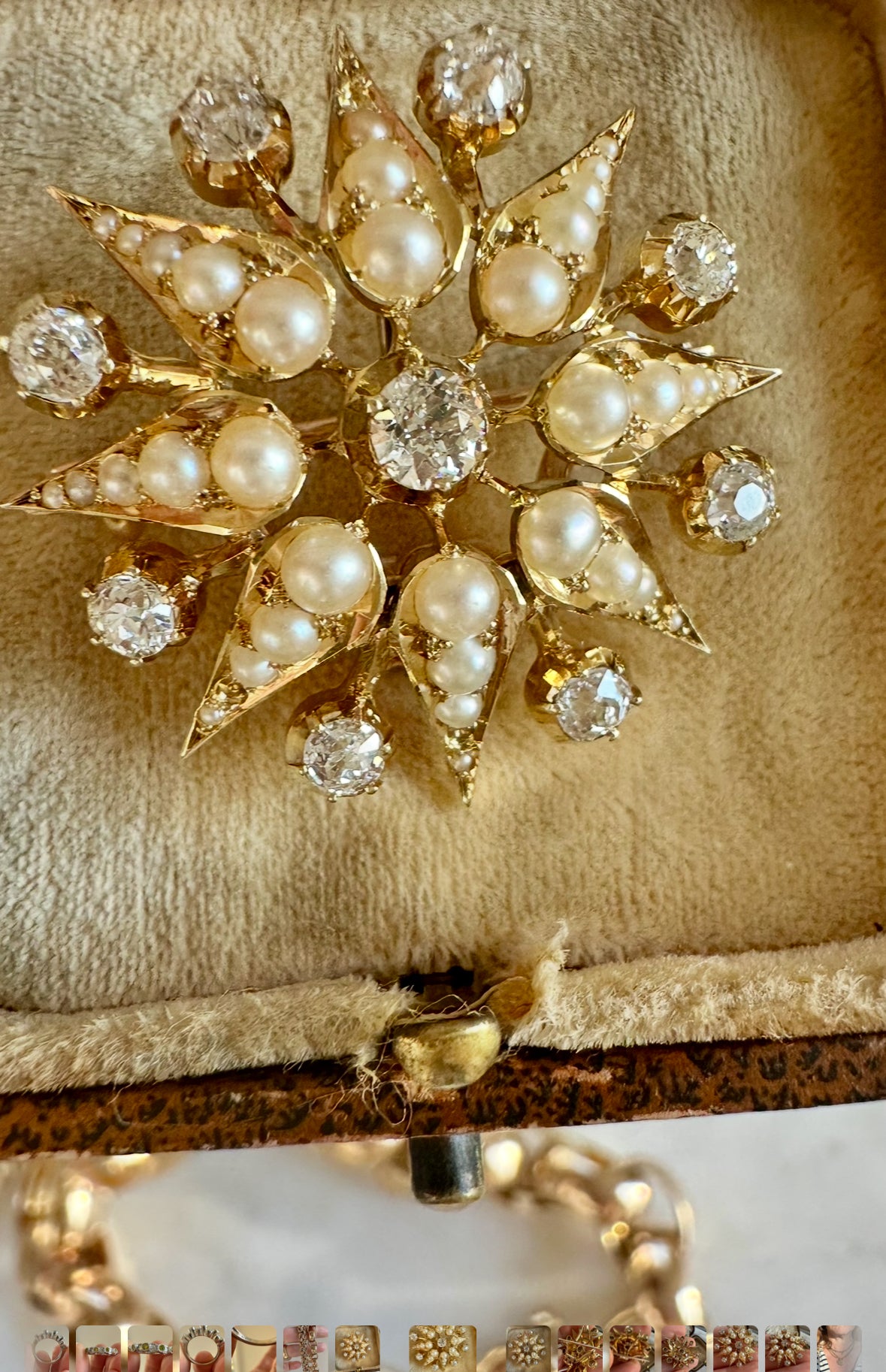 Antique Victorian Starburst Pendant Brooch | 15ct Gold with Natural Seed Pearls & Old Mine-Cut Diamonds | (2.5 cttw) with goose neck bale. Convertible Brooch & Pendant Circa 1880s