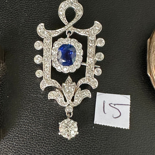 Antique Platinum ,  No  Heat Sappire  & Old European Diamond Pendant /Brooch