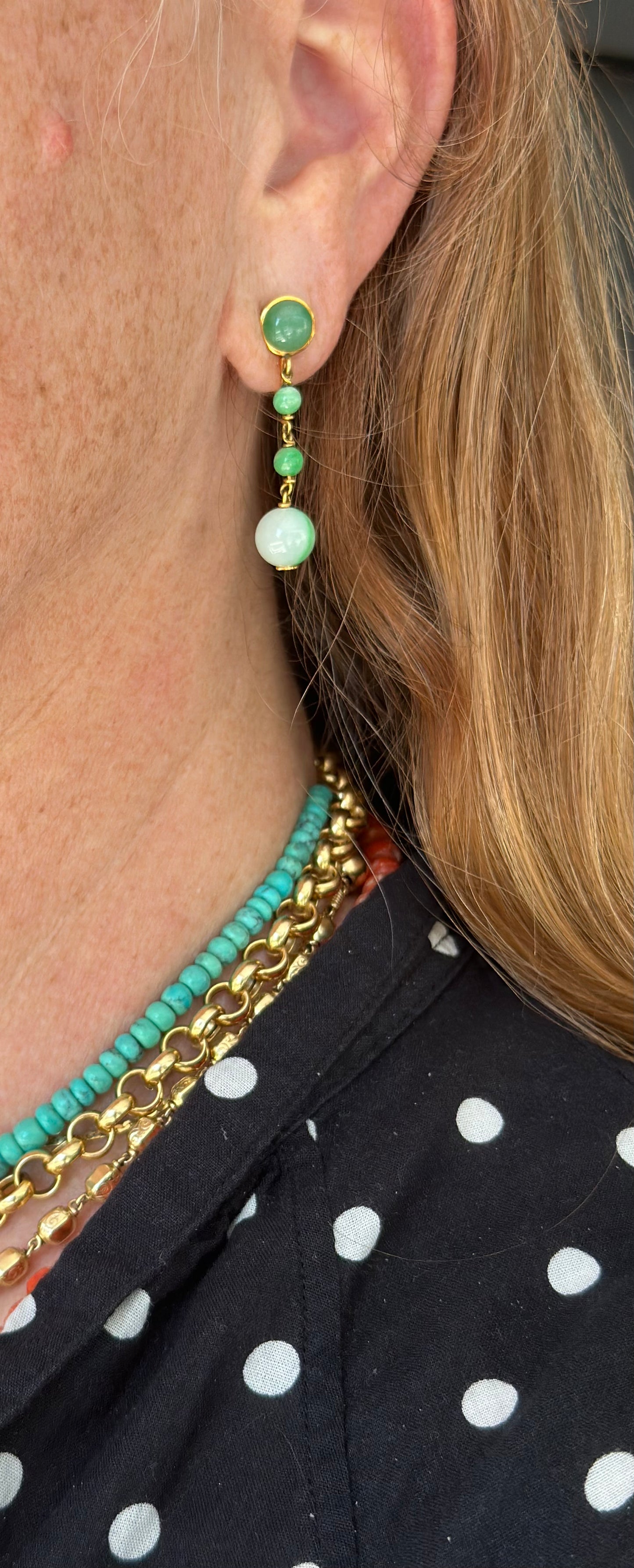 14k yellow gold Green Apple Jade  dangle ear Clips