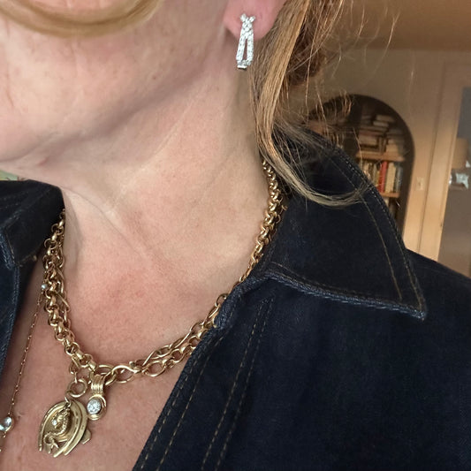 Vintage 14k white gold elongated diamond huggie hoops