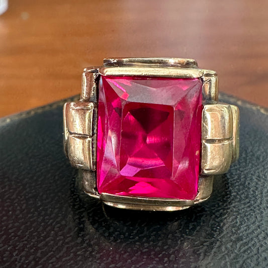 10k Gold Art Deco lab ruby ring- 5.76 grams