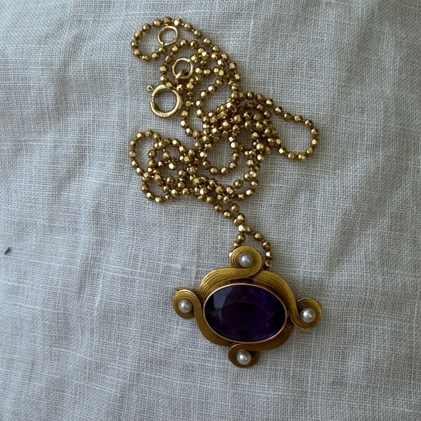 Whiteside and Blank 14k Gold Amethyst And Pearl Brooch Art Nouveau ( chain not included )