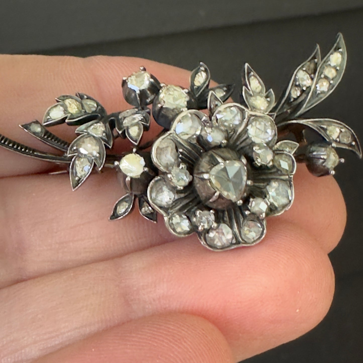 Antique Silver Topped Gold Diamond Floral Brooch