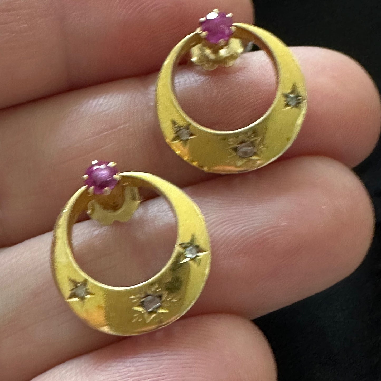 Crescent French  Ruby Diamond Earrings star-studded pink sapphire  and rose cut diamonds 18k