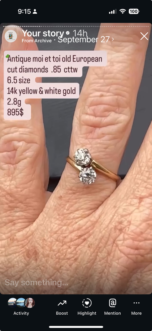 Moi et toi old European cut diamond ring in 14k