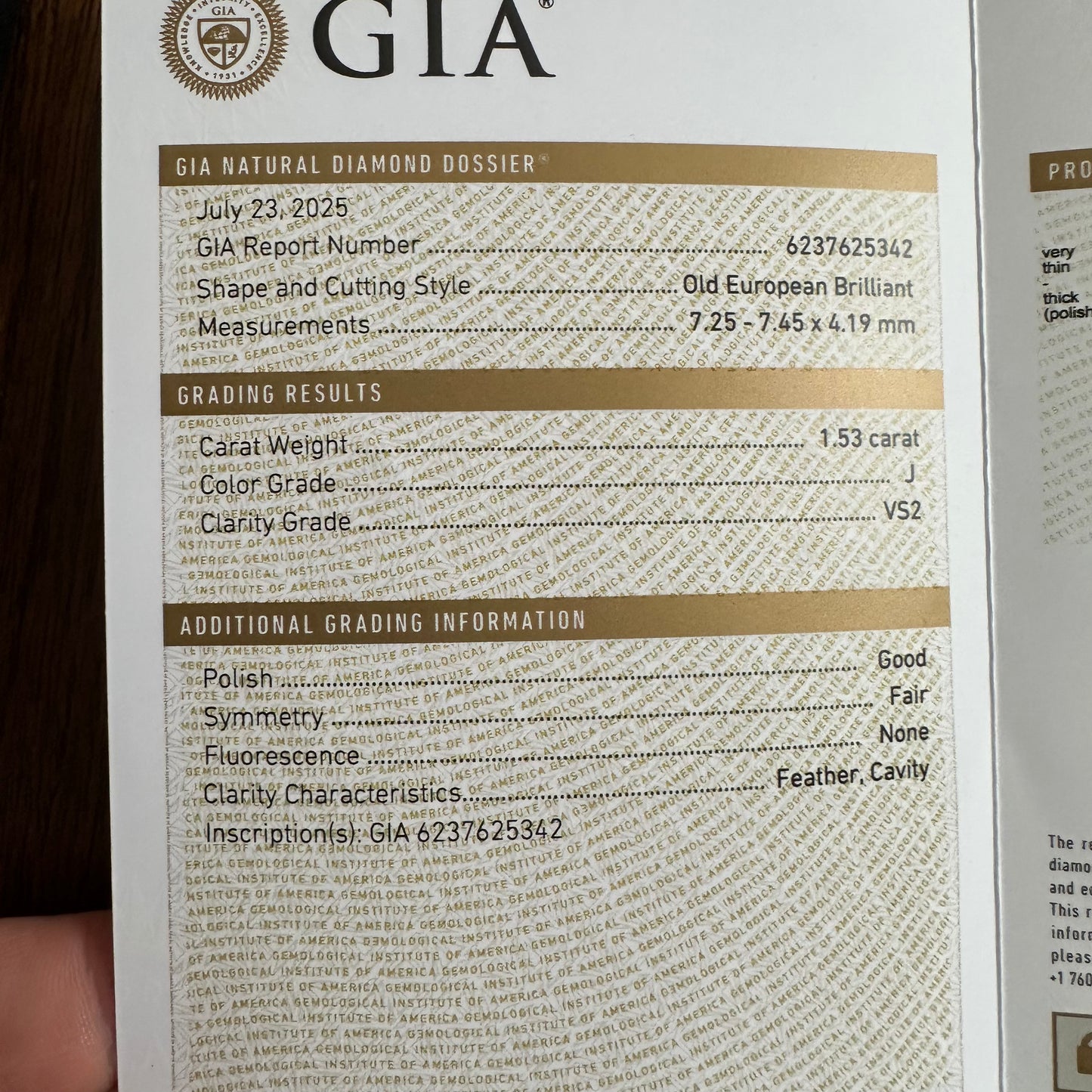 Old European Brilliant (round) diamond measuring 7.25 - 7.45 x 4.19mm in size, 1.53 carats with a color grade of "J" and clarity grade of "VS2