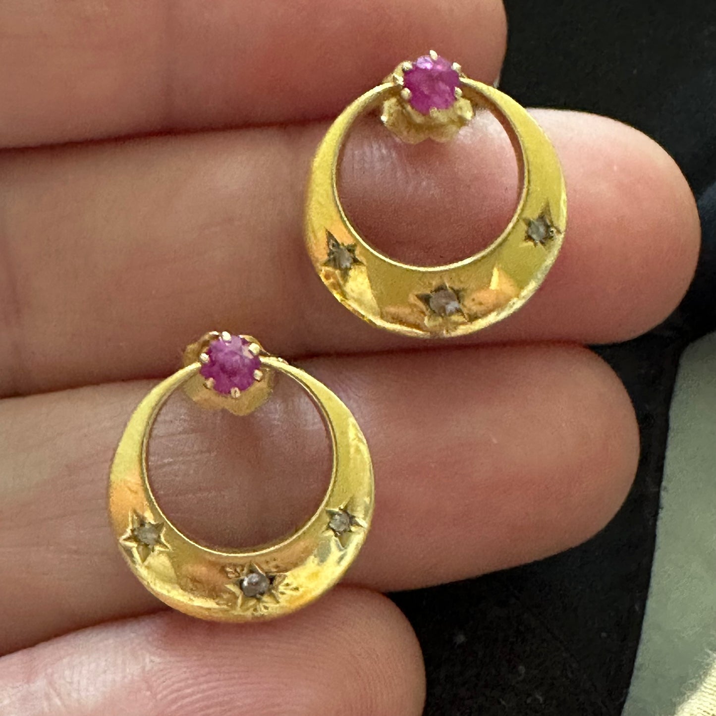 Crescent French  Ruby Diamond Earrings star-studded pink sapphire  and rose cut diamonds 18k