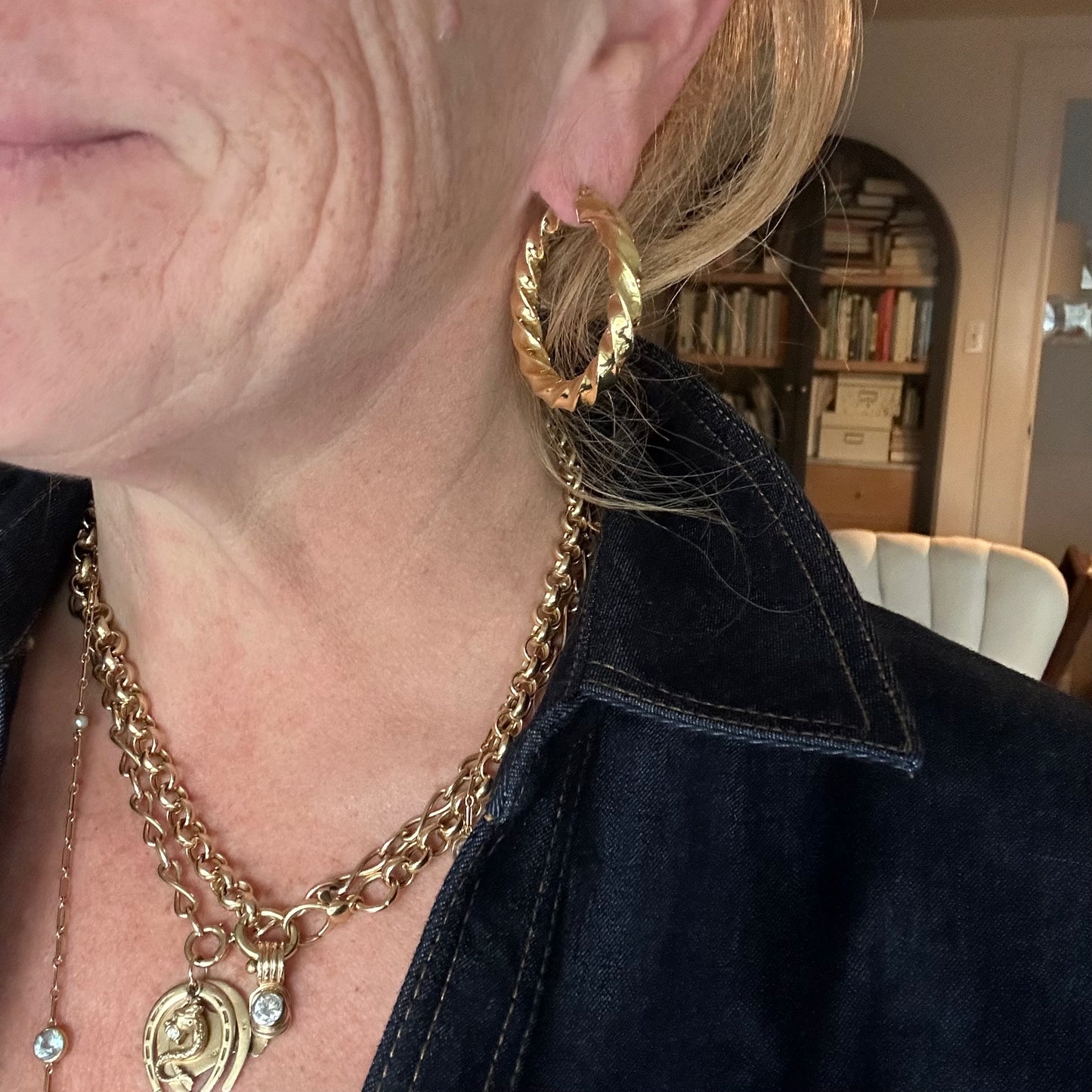 14K Yellow Gold Twisty 1.75 Inch Hoop Earrings 9.45g