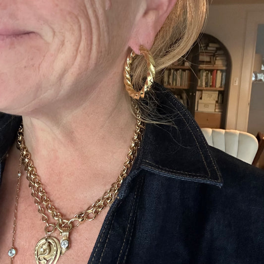 14K Yellow Gold Twisty 1.75 Inch Hoop Earrings 9.45g