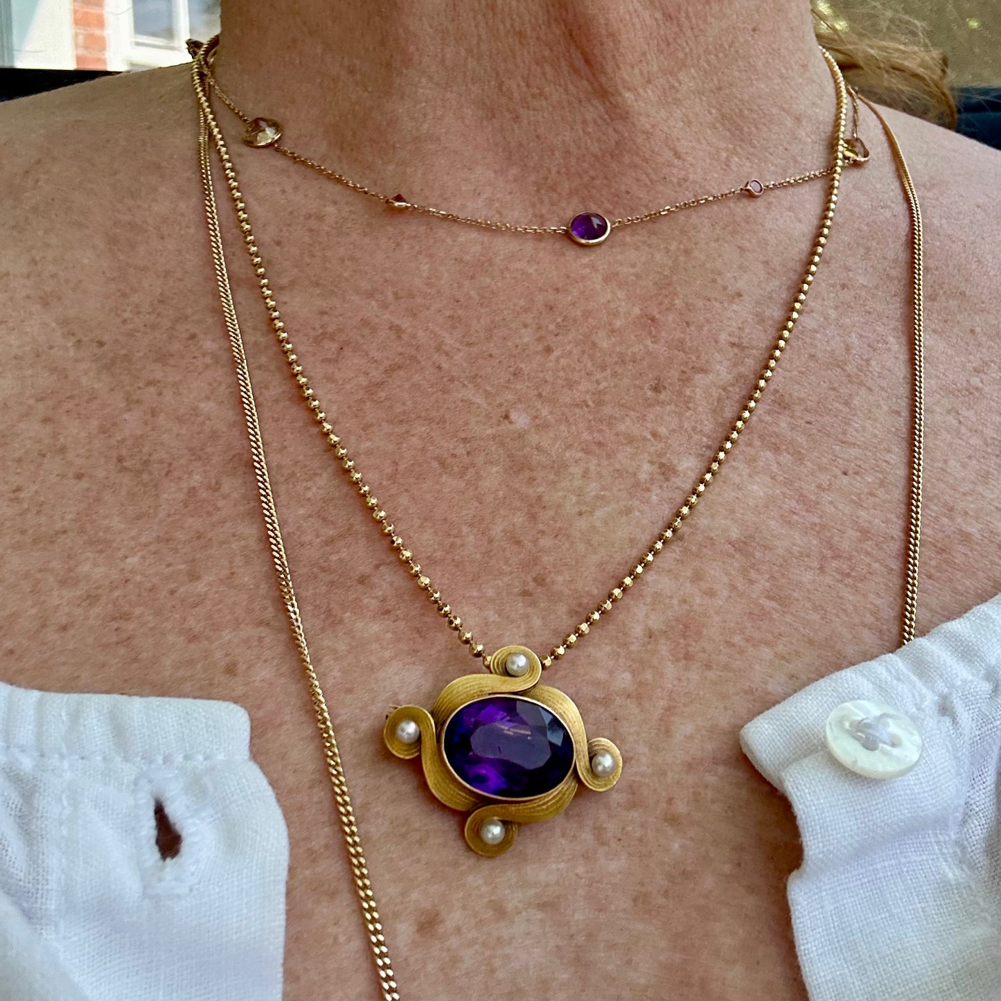 Whiteside and Blank 14k Gold Amethyst And Pearl Brooch Art Nouveau ( chain not included )
