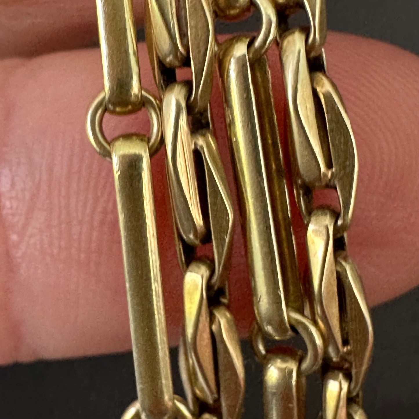 RARE 19TH CENTURY ANTIQUE VICTORIAN WATCH CHAIN DOUBLE HAYSEE LINK NECKLACE IN 15k GOLD - 14.25 INCHES LONG 14.6g