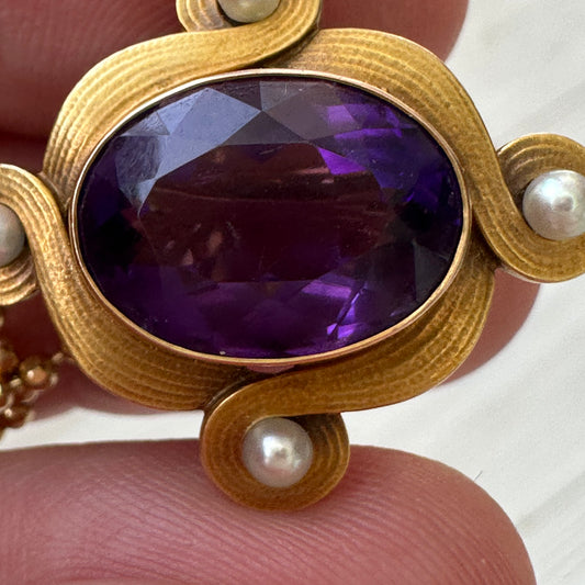 Whiteside and Blank 14k Gold Amethyst And Pearl Brooch Art Nouveau ( chain not included )