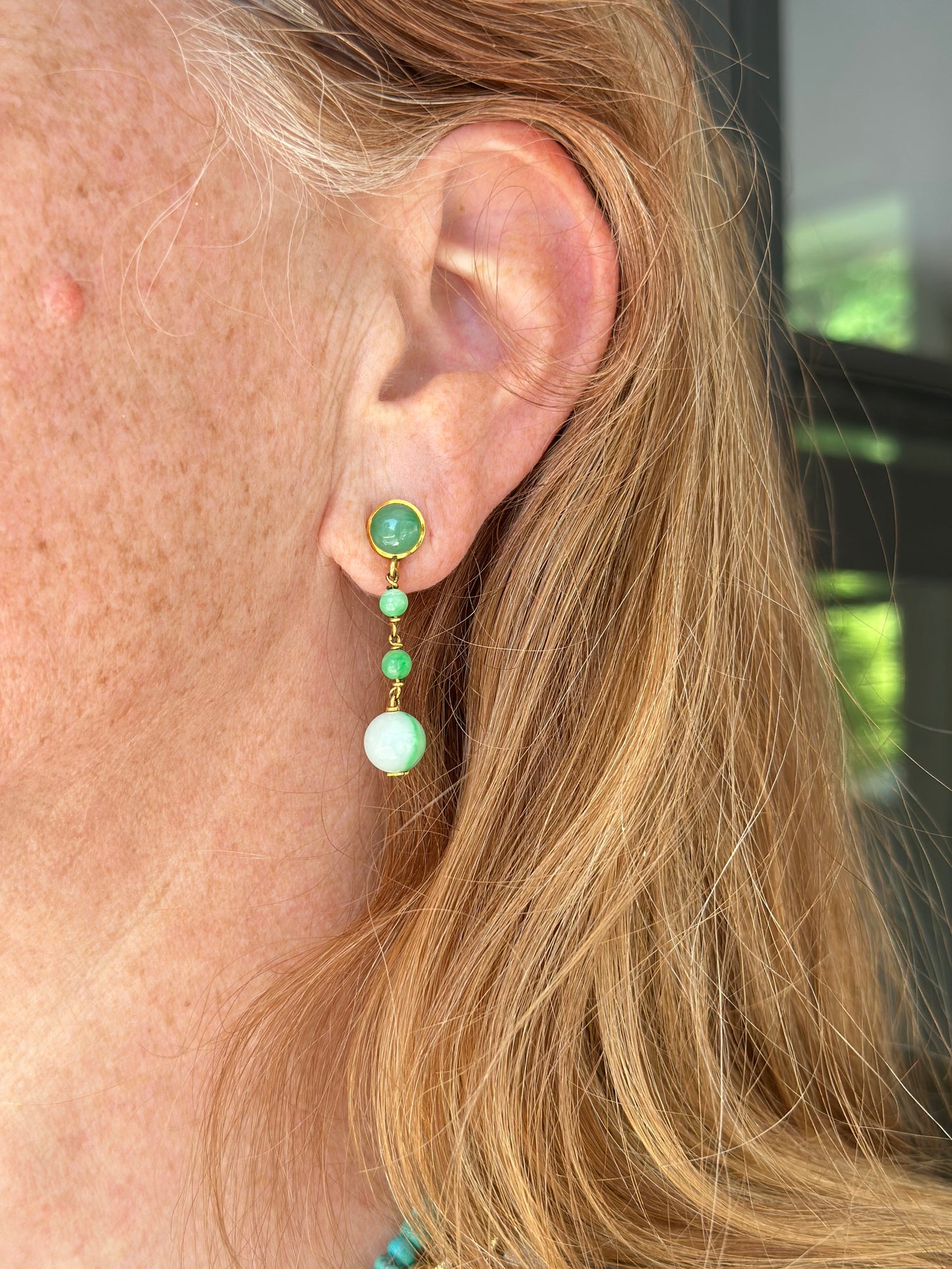 14k yellow gold Green Apple Jade  dangle ear Clips